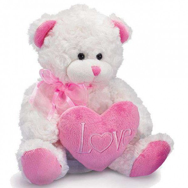 Cute 15 Inch White Teddy Bear holding pink LOVE Heart